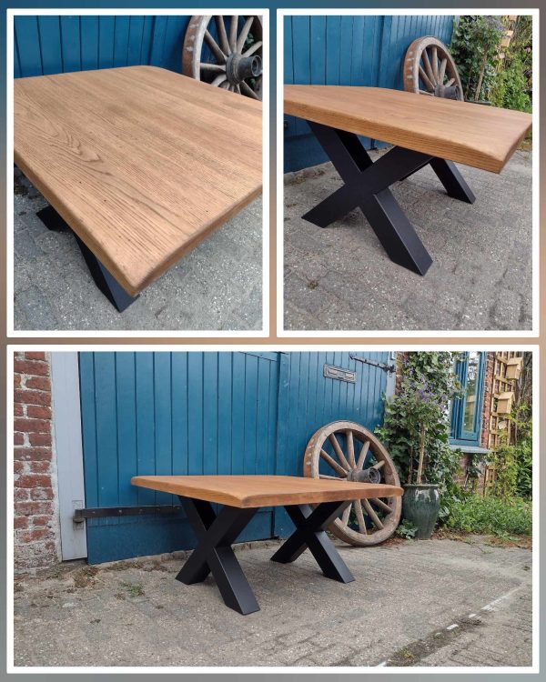 Robuuste salontafel met stalen x poten. Direct leverbaar!