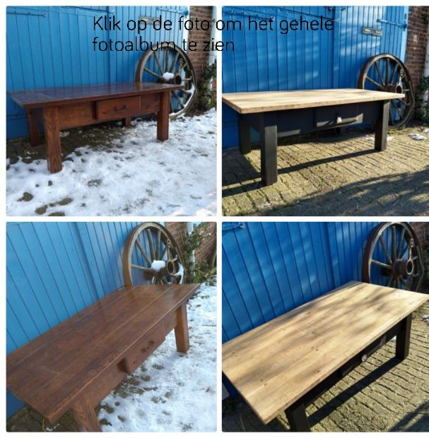 Koloniale salontafel blad lichter gemaakt en onderstel zwart geschilderd