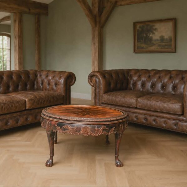vintage ronde Engelse tafel met leeuwenpoten