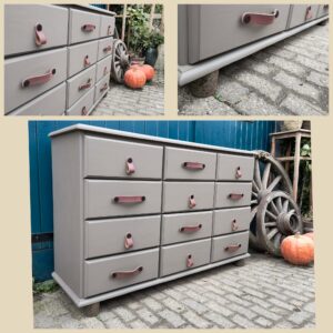 Apothekerskast taupe met boomstam poten.