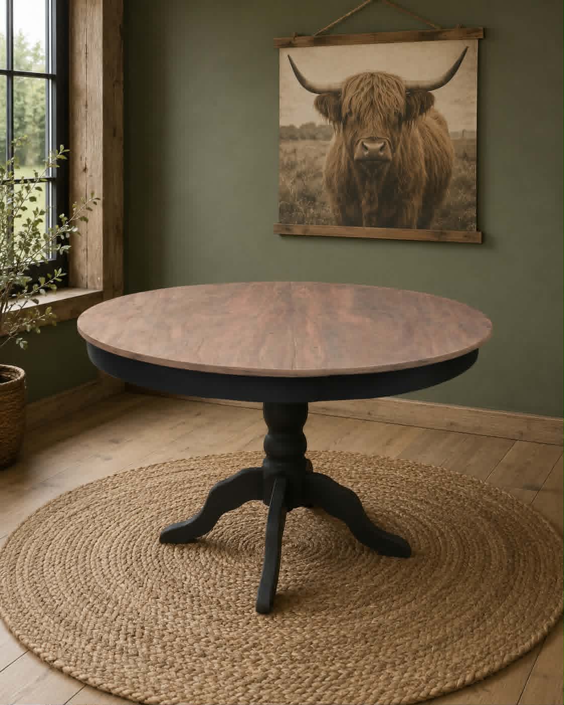 Ronde notenhouten tafel vergrijsd met mat zwart