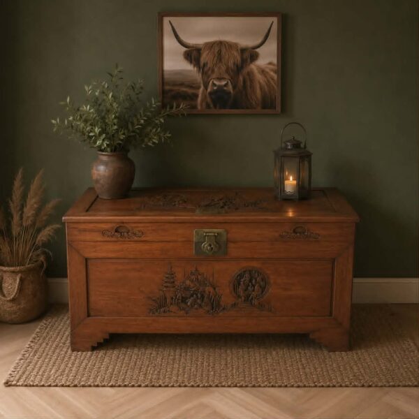 Japanse vintage dekenkist handgesneden hout (salontafel)